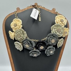 BaubleBar Rose Floral Statement Bib Necklace Ivory Gray Black Crystal NWT Gold